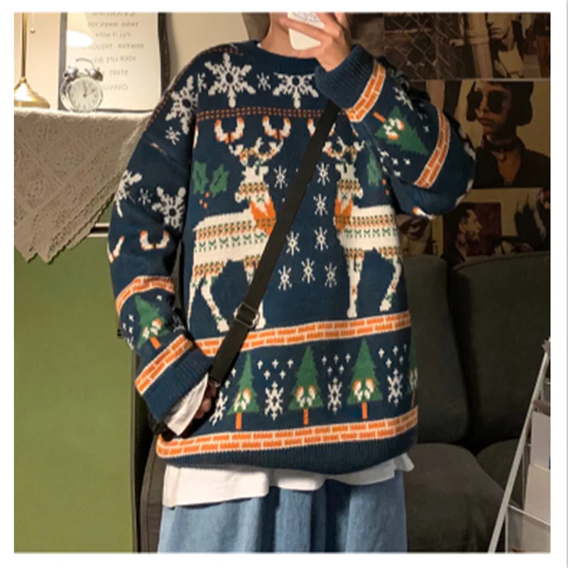 Winter Round Neck Jacquard Knit Shirt Men's Hong Kong Style Loose Fashion Lazy Pullover Sweater Couple Coat K0006
