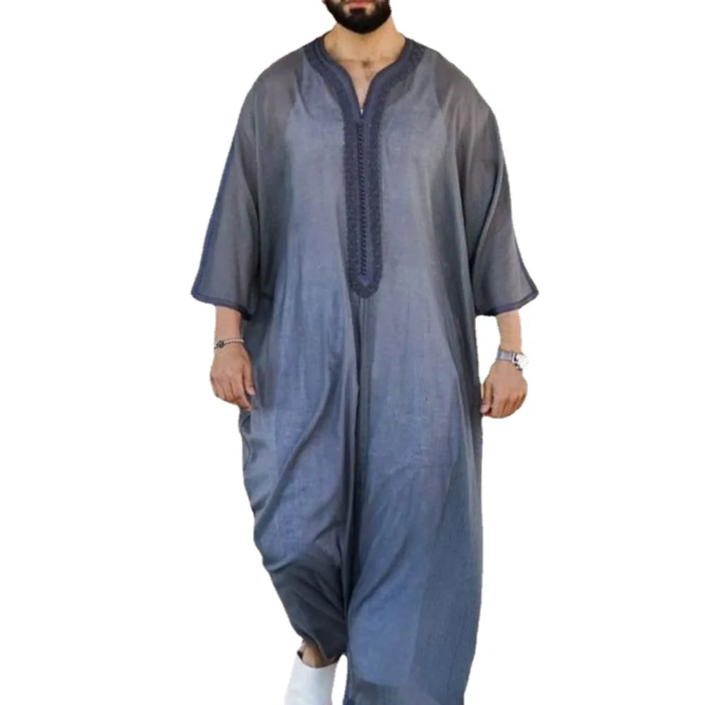 Thin Muslim Fashion Clothing Linen Gray Robe Cotton Linen Loose Casual Muslim Robe Stock for Young People 2023 New