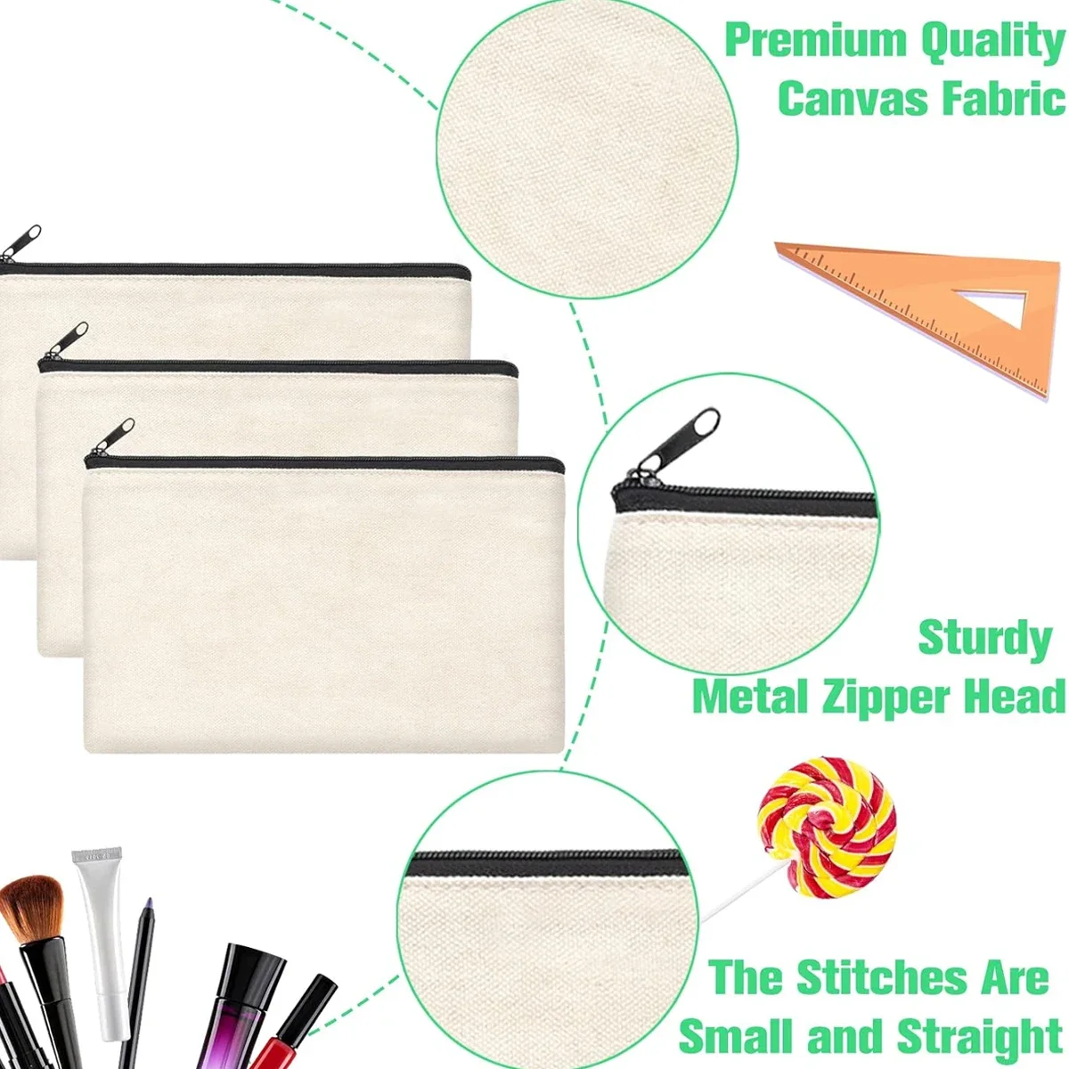 12PCS DIY Blank Canvas Beige Makeup Bag with Zipper - 8.3" x 5" Bulk Cosmetic Pouches for Travel, Storage, and Stationery 3