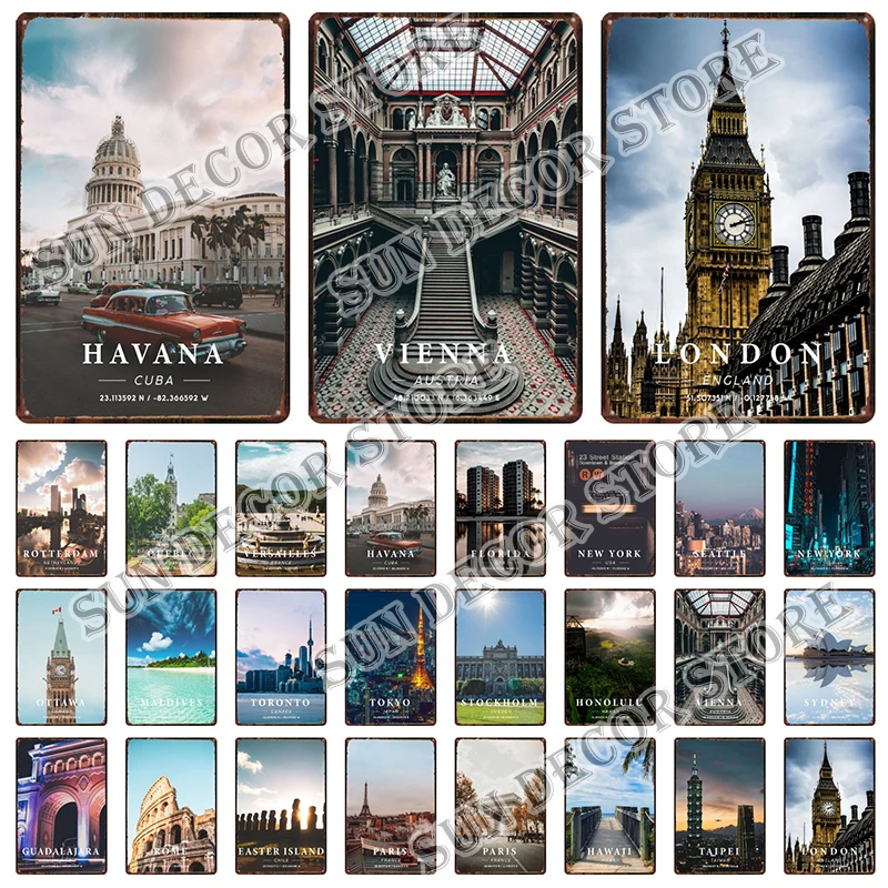

Retro Metal Sign Poster Famous City Of LONDON MADRD DUBAI AMSTERDAM Boston Nordic Style Wall Art Picture Home Decor Gift A-1340