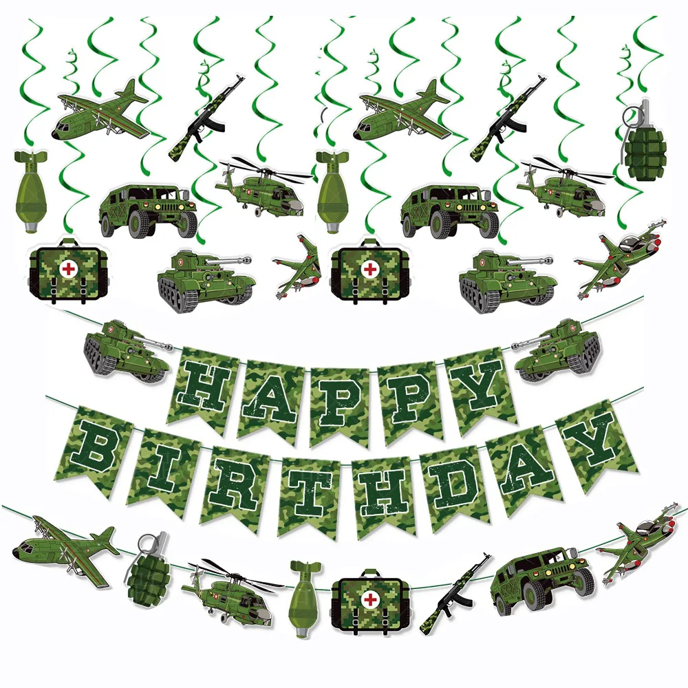 

Camouflage Birthday Party Decorations Army Soldier Military Supplies Green Camo Banner Camo Spiral Hanging Swirls Cupcake Topper