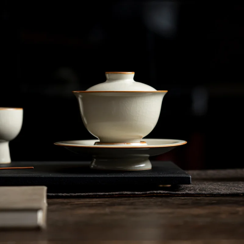 Beige Ru Kiln Three Cover Bowl Retro Open Piece Large Tea Infuser Household Ceramic Kung Fu Tea Set Bowl