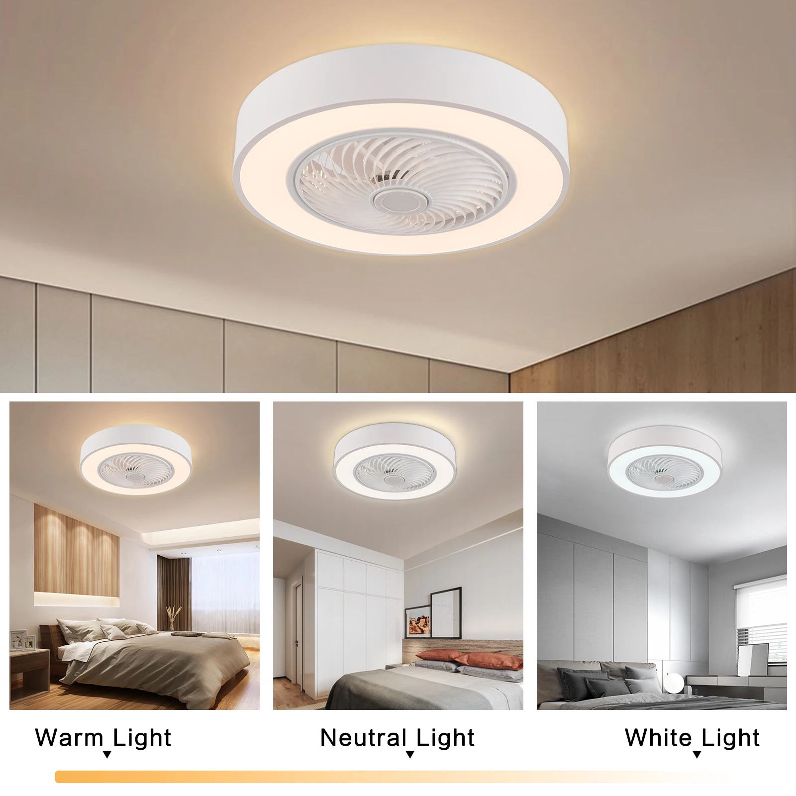 22" Enclosed Ceiling Fans with Lights Remote Control, Low Profile Flush Mount Ceiling Fan Light, 3 Colors Dimmable LED, 3 Sp