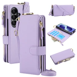Elegant Multi - Functional Leather Crossbody Wallet Case with RFID Protection and Zippered Storage - Galaxy Z Fold4 (Light purple)