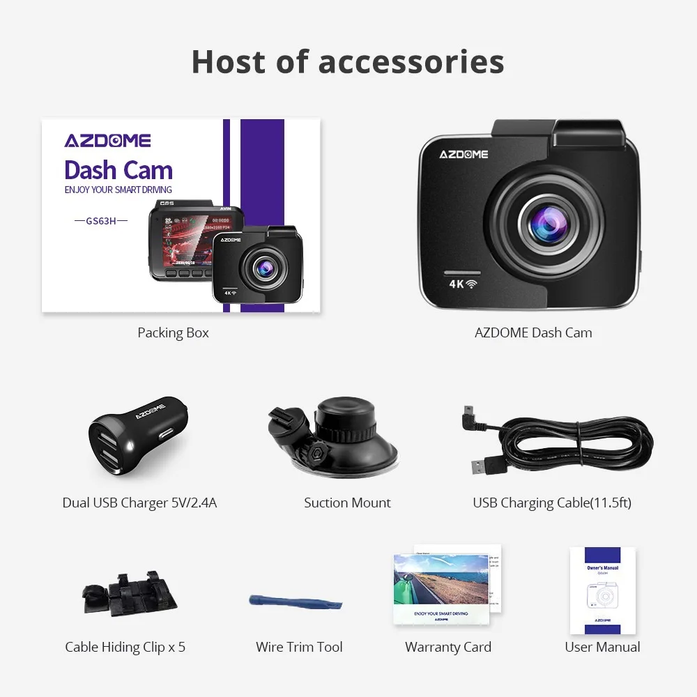 AZDOME GS63H Dash Cam Dual Lens 4K UHD Recording Car Camera DVR Night Vision WDR Built-In GPS Wi-Fi G-Sensor Motion Detection