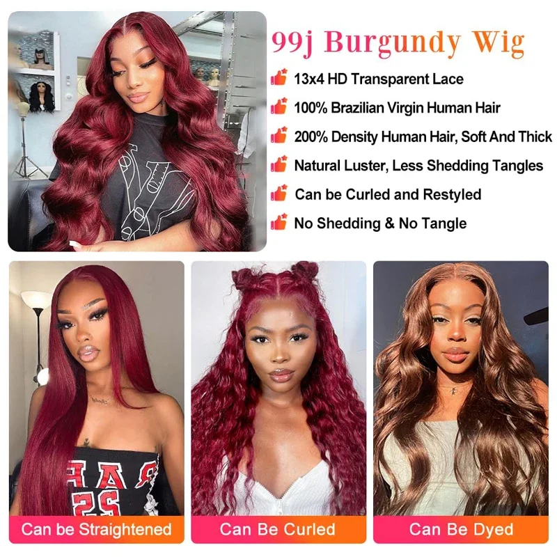 99j Burgundy 13x6 Lace Front Wigs Human Hair Straight Red Wig Human Hair 13x4 Lace Frontal Wigs Human Hair Pre Plucked 30 inch