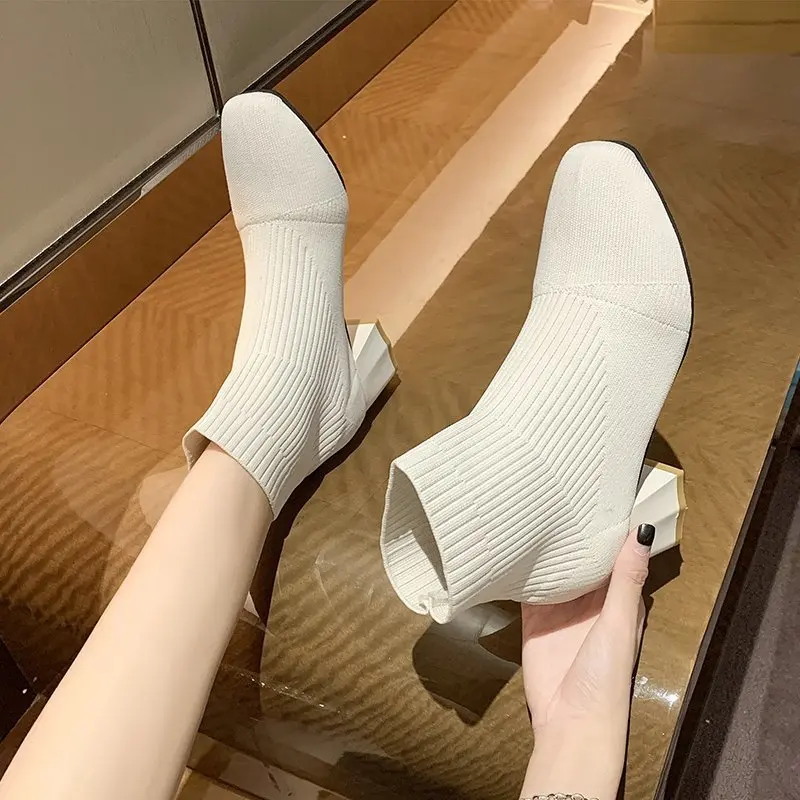2025 new Stretch Sock Boots For Women Shoes Square Heel Yellow Knitting shoes Elastic Cottton Boots Lady Footwear