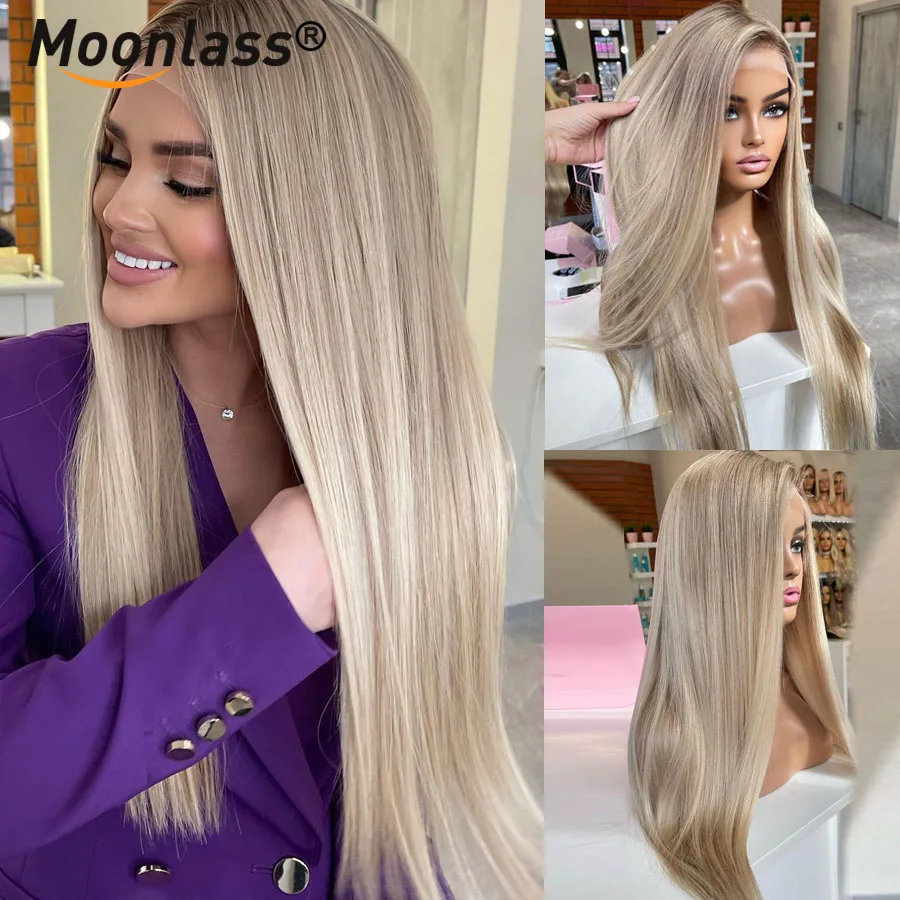 Human Hair Wigs Glueless Highlight Ash Blonde Straight 100% Human Hair 180 Density 13x6 Lace Front Preplucked Natural Remy