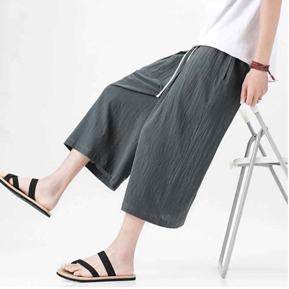 Summer Causal Men Baggy Linen Pants Loose Wide Leg Calf-Length Joggers Man Fashion Japanese Kimono Linen Breathable Trouser Pant