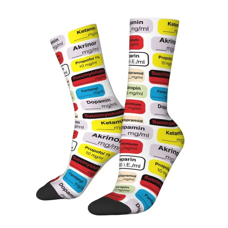 

Cool Men's Medical Anesthesia Medication Labels Dress Socks Unisex Breathable Hip Hop Fashion 3D Print Doctor Nurse Crew Socks