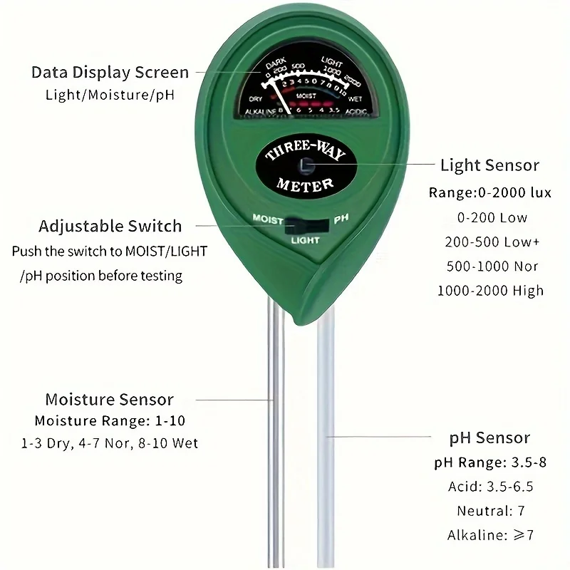 Soil Tester 3-in-1 Plant Moisture Meter Light And PH Tester 1pc For Home Garden Lawn Farm Indoor And Outdoor Use