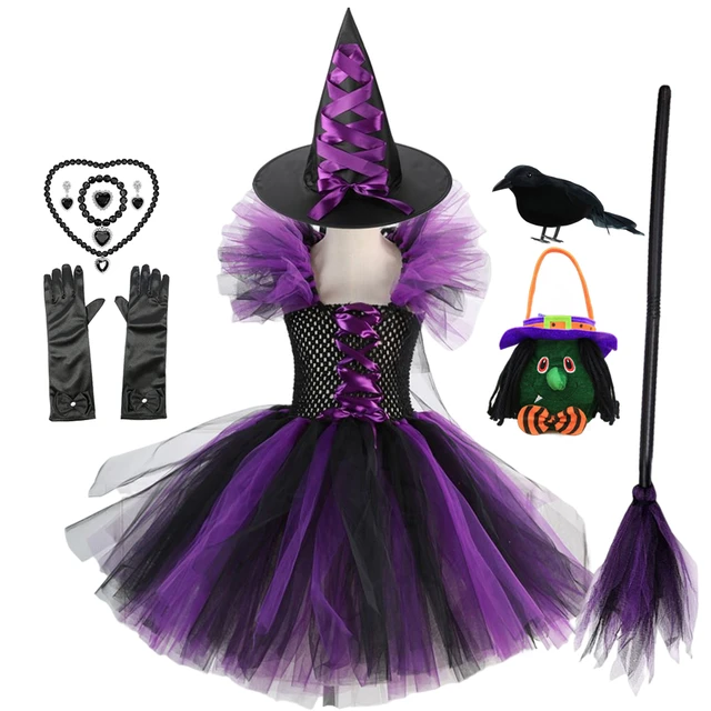 Costume de sorcière cosplay pour filles, robe de carnaval pour enfants,  robe de paupières de sorcière pour bébé, ensemble de vêtements, sac et