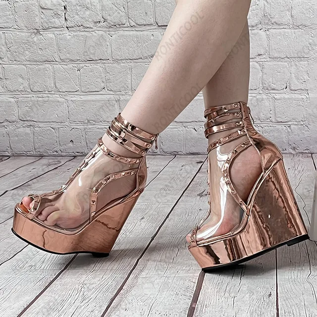 rose gold studded wedges