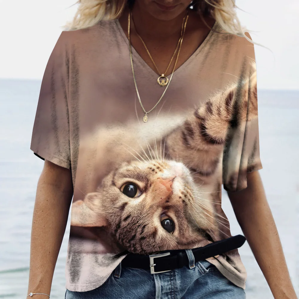 

Women's T Shirt Manga Cat 3D Print Short Sleeve Summer Tops V Neck Harajuku Tees Casual Ladies Clothing Fashion Oversized Blouse