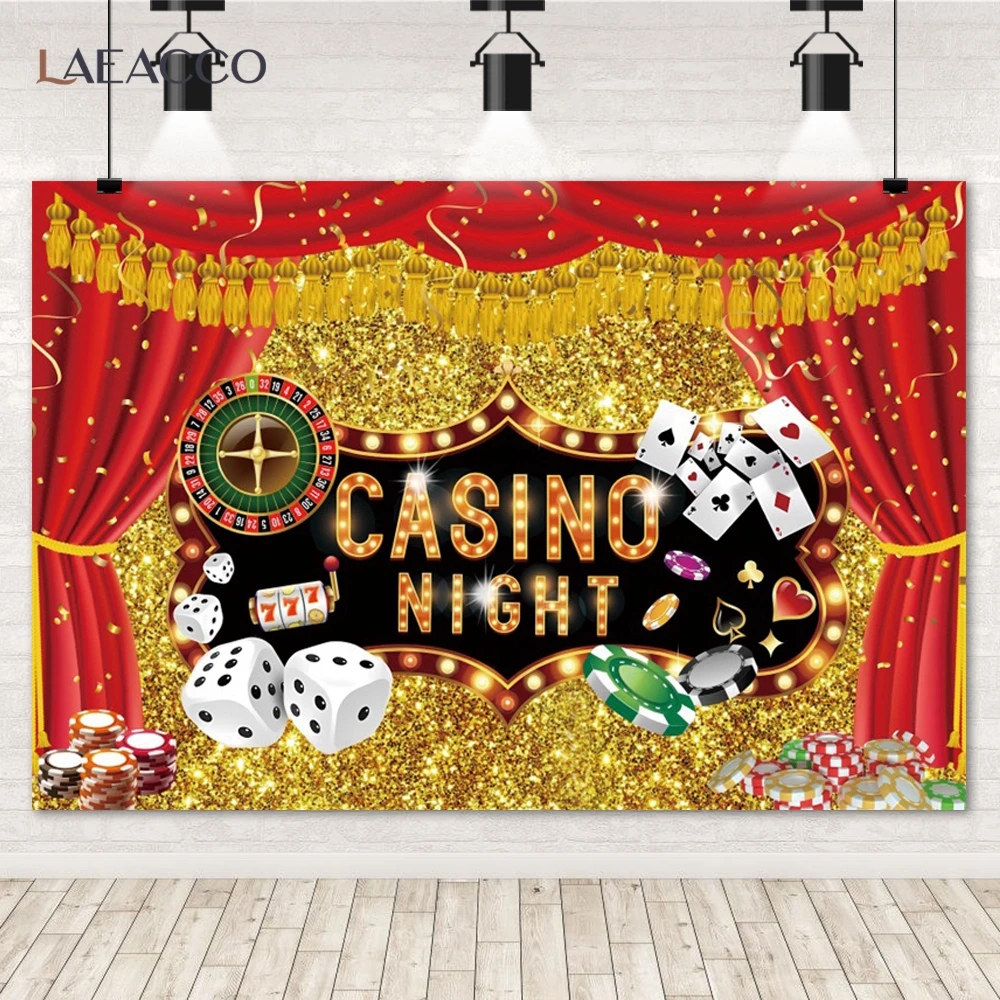 Laeacco Casino Party Photo Backdrop Birthday Theme Party Decor Playing Cards Golden Glitters Red Curtain Photography Backgrounds photo backdrop,party decoration covers