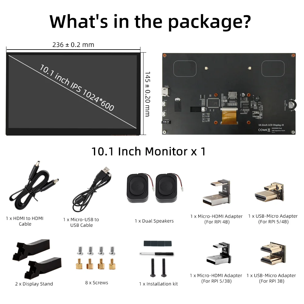 10.1 Inch IPS LCD Touch Screen 1024*600 HDMI Display with Holder Monitor for Raspberry Pi 5 4B 3B lcd display module display module touchscreen display