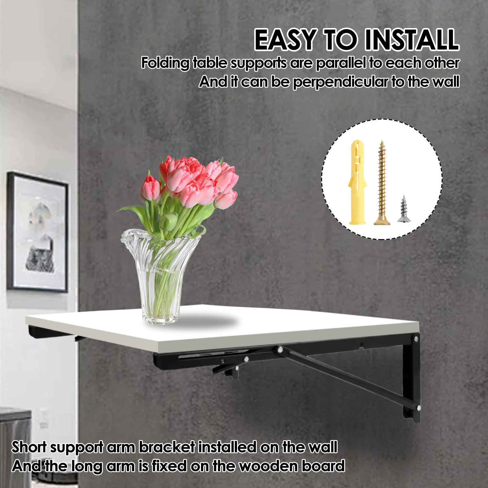 2PCS Folding Shelf Brackets Stainless Steel Collapsible Triangle Shelf Bracket DIY Wall Mounted Folding Table Hinge with Screws