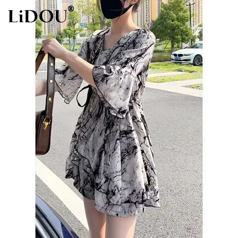 2023 Summer New V-neck Polka Dot Printing Half Sleeve Flare Sleeve Two-piece Female Thin Style Casual Elegant Female Clothing