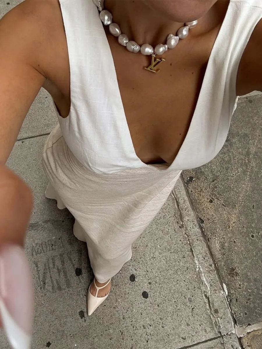 Bornladies Women's 2026 Summer New V-Neck Cami Dress Elegant Fitted Waist Back Lace-Up Sleeveless Maxi Dress