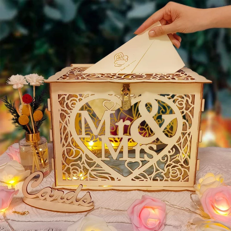 

Wedding Card Box Wooden Boxes with Lock Mr&Mrs DIY Couple Envelope Sign Cards Box Birthday Baby Shower Graduation Party Supplies