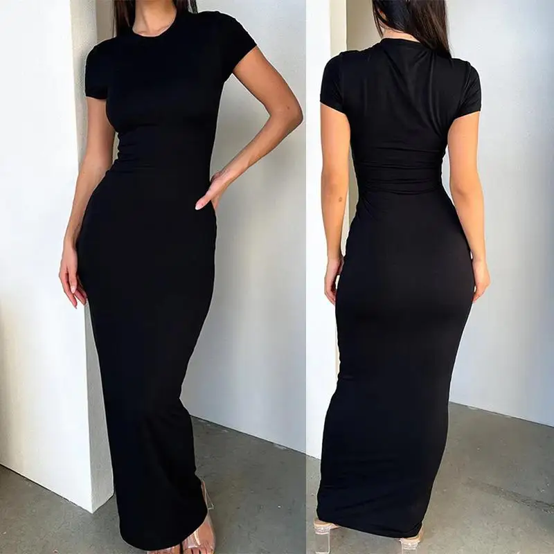

Длинное платье Phantasy женское, однотонное черное платье-футляр с коротким рукавом, Повседневная элегантная уличная одежда, весна-лето