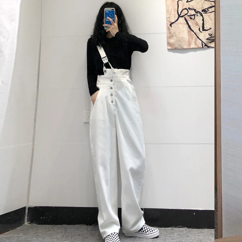 Korean y2k Women's Slim Fit Cotton Denim Overalls White or Black Jumpsuit Bib Jeans Dungarees Ladies Baggy Straps Denim Trousers