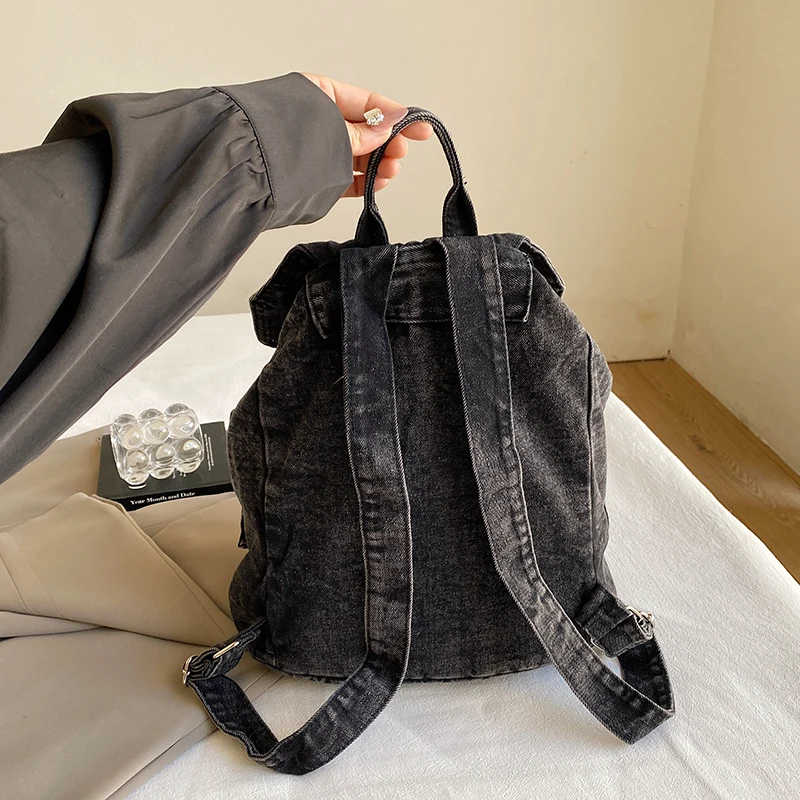 Black Acid Wash Denim Backpack Women's Bag Denim Drawstring