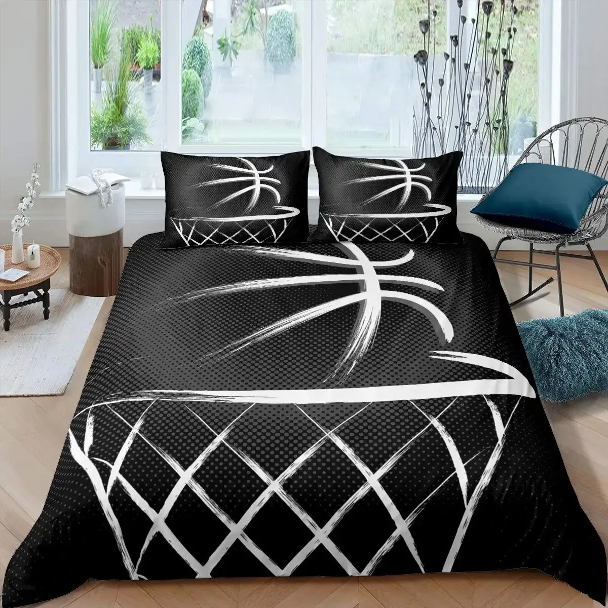 3D Cartoon Basketball Bedding Set for Boys - Polyester Duvet Cover, Bedspread, and Pillowcase Combo