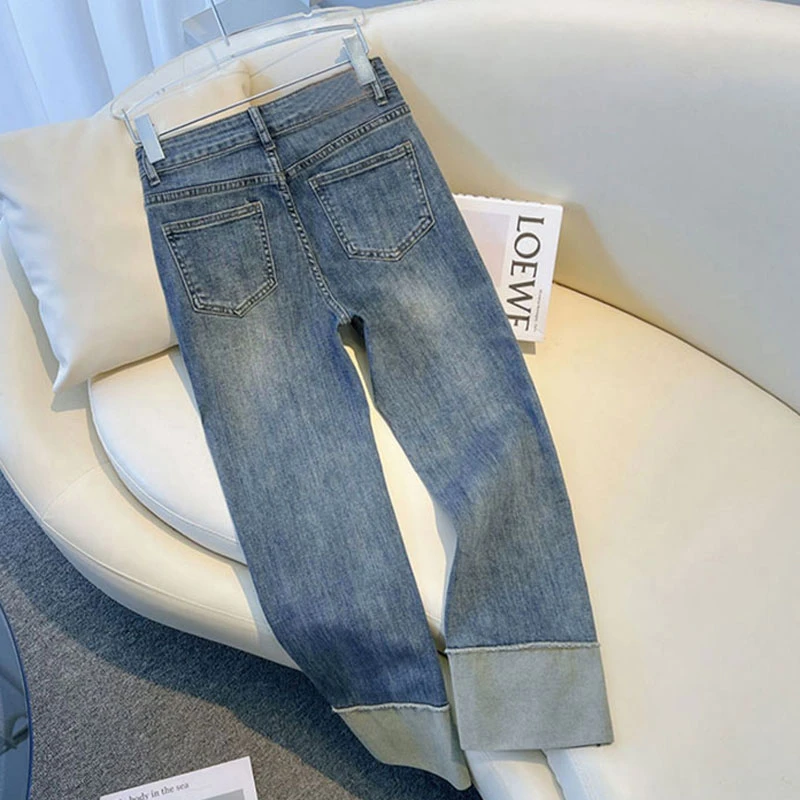 Jeans female net red high-waisted Slim flap splicing high-waisted elastic nine-minute cigarette pants niche straight pants
