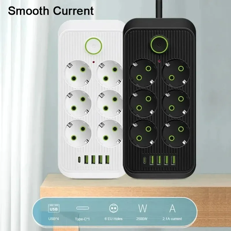2M Extension Cord EU Plug AC Outlets Multitap Socket Electrical Power Strip With USB Type C Fast Charging Network Filter Adapter