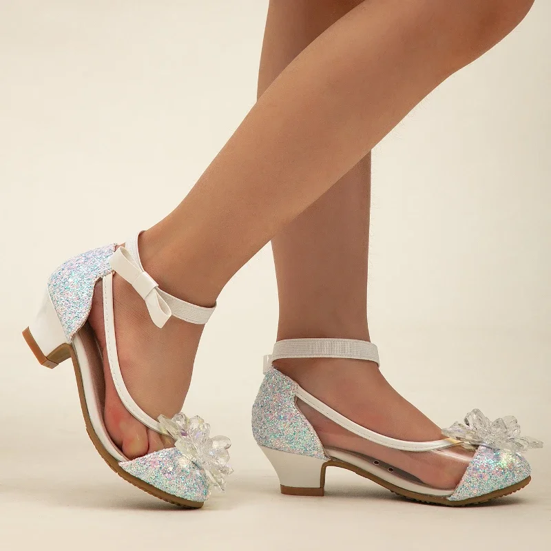 2025 New Girl's High Heel Shoes Ankle-strap Bowknot Children Princess Shoes Fashion Sequins Kids Leather Shoes for Wedding Party 5