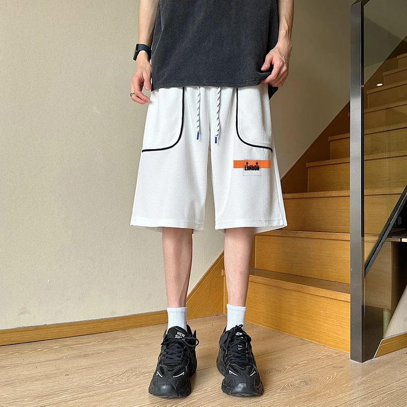 Summer Men's Clothing Elastic High Waisted Pockets Drawstring Bandage Contrast Color Casual England Style Sweatpants Shorts