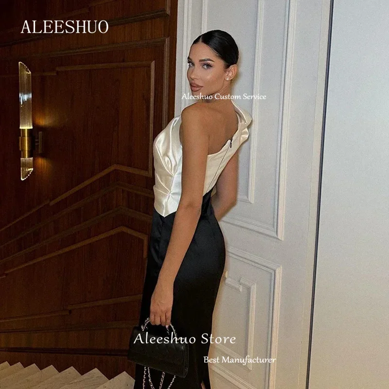 Aleeshuo Modern Black White Mermaid One Shoulder Sleeveless Vestidos De Noche Pleated Satin Prom Dress Sexy Tea-Length 2024