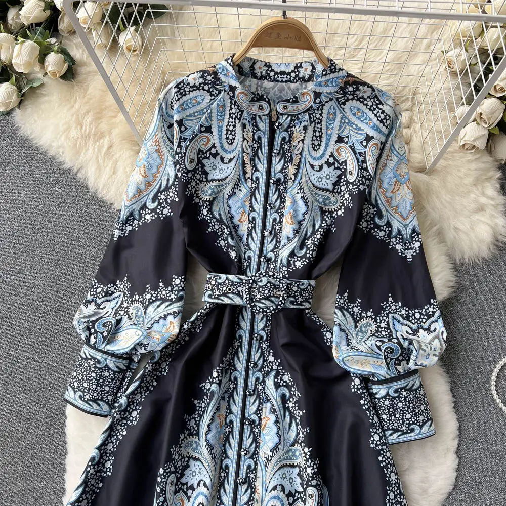 Nuevo vestido de fiesta vintage para mujer, moda de manga larga, botonadura sencilla, cuello alto, elegante, estampado, vestidos largos, primavera y otoño.