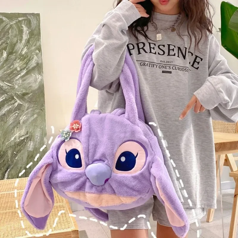 Lovely Disney Purple Lilo & Stitch Strawberry Bear Plush Shoulder Bag Kawaii Cartoon Large Capacity Handbag Girls Birthday Gifts