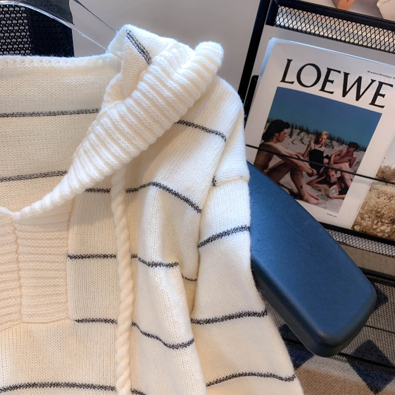 Autumn and Winter 2025 New Women's Hooded Knitwear Lazy Wind Sweater Pullover Loose Casual Long-sleeved Striped Top