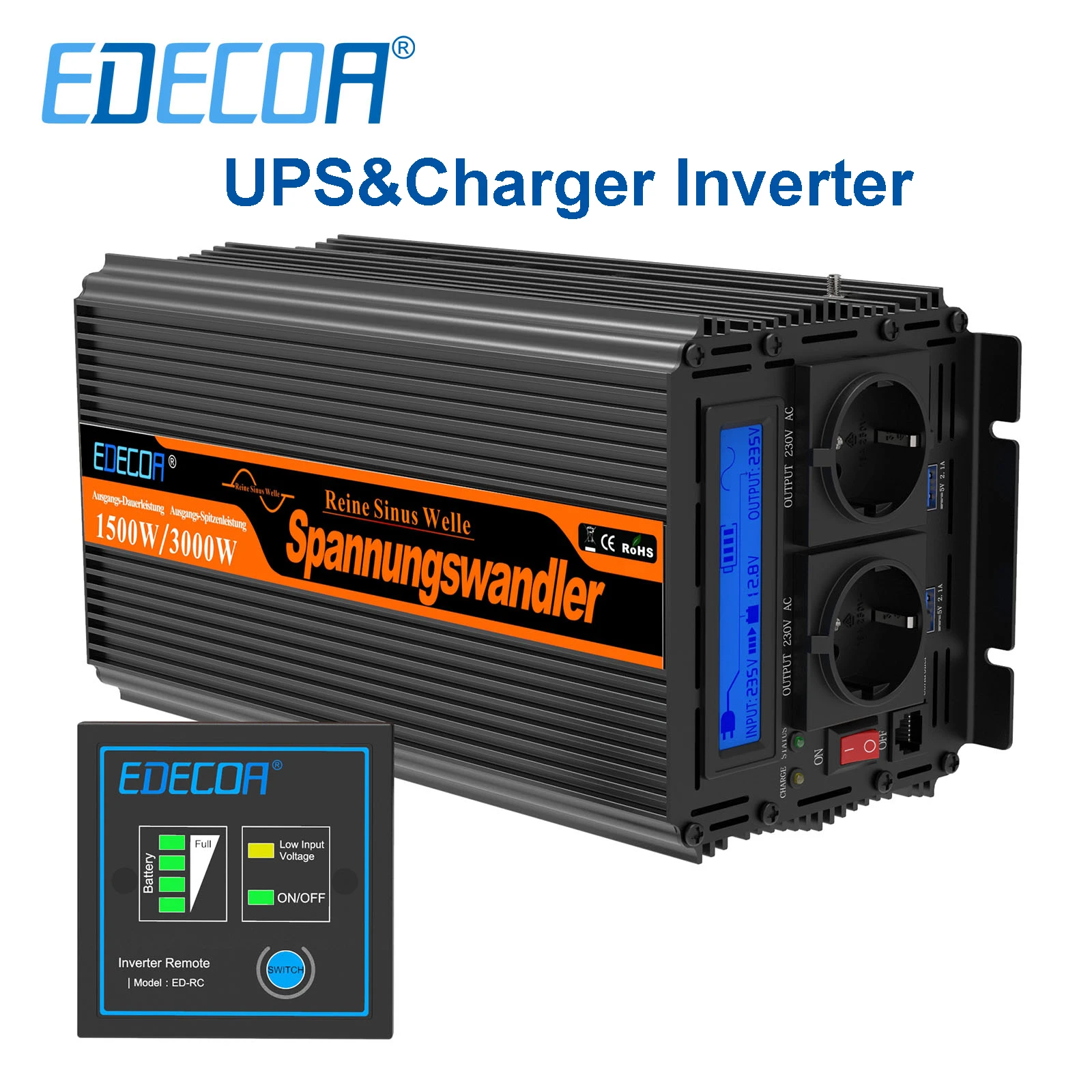 Inversor UPS con cargador 1500W 2500W DC 12V a AC 220V 230V transformador de onda sinusoidal pura fuera de la red para el hogar