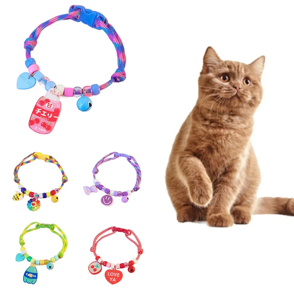 Soft Pet Knit Necklace with Bell and Pendants Adjustable Cute Dog Cat Collar Reusable Pet Collar Supplies