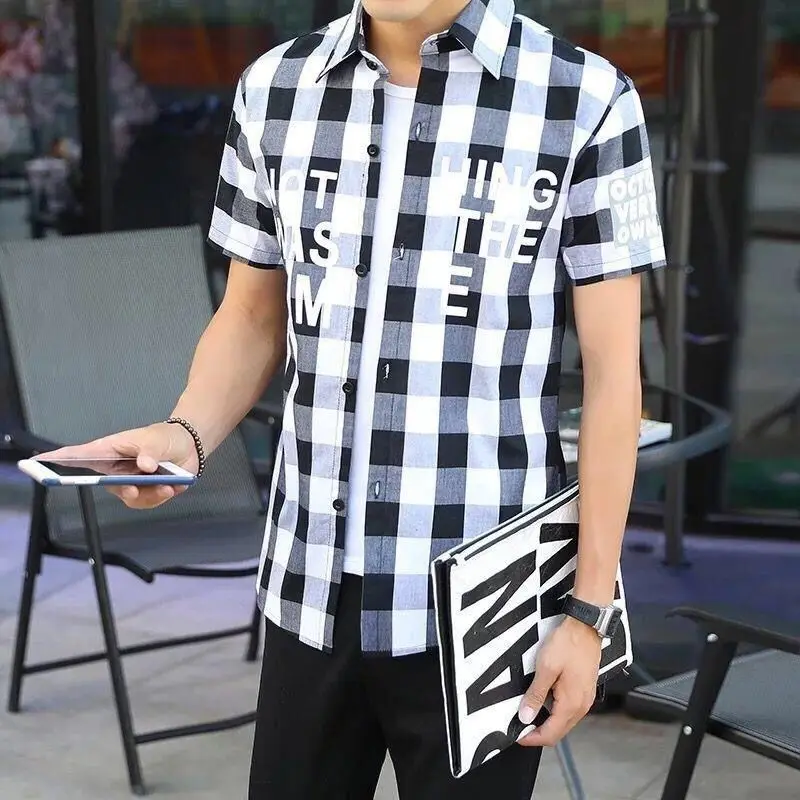 thumbnail image 1 of Camisas y blusas de cuadros rojos para hombre de media manga, de seda, de algodón, de marca barata, estilo hipster coreano, ropa de diseñador asiática, 1 of 5