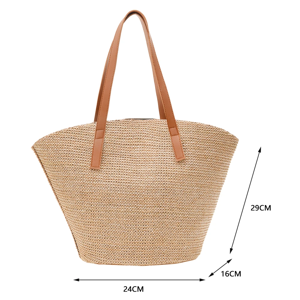 Women Shopping Tote Bag Fashion Simple Straw Shoulder Bag Handmade Rattan Woven Beach Purse Female Shoulder Portable Basket Bags