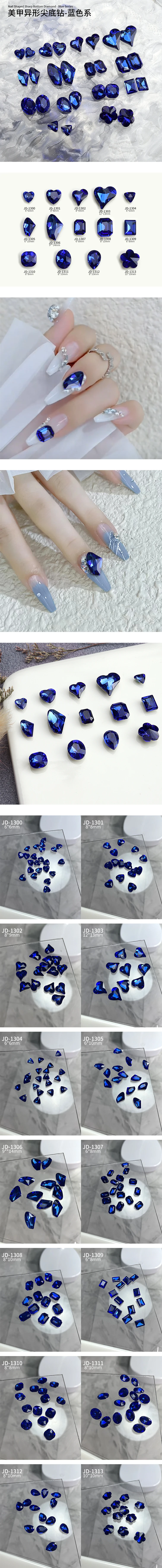 30PCS Sparkle Translucent Dark Blue Diamonds Various Shapes Heart Axe Drop Nail Art Rhinestones Decorations Manicure Ornaments