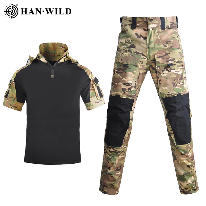 

HAN WILD Combat Suits Tactical Airsoft T-shirt Army Military Camo Uniform Paintball Pants Men Clothing Multicam Hunting Outfit