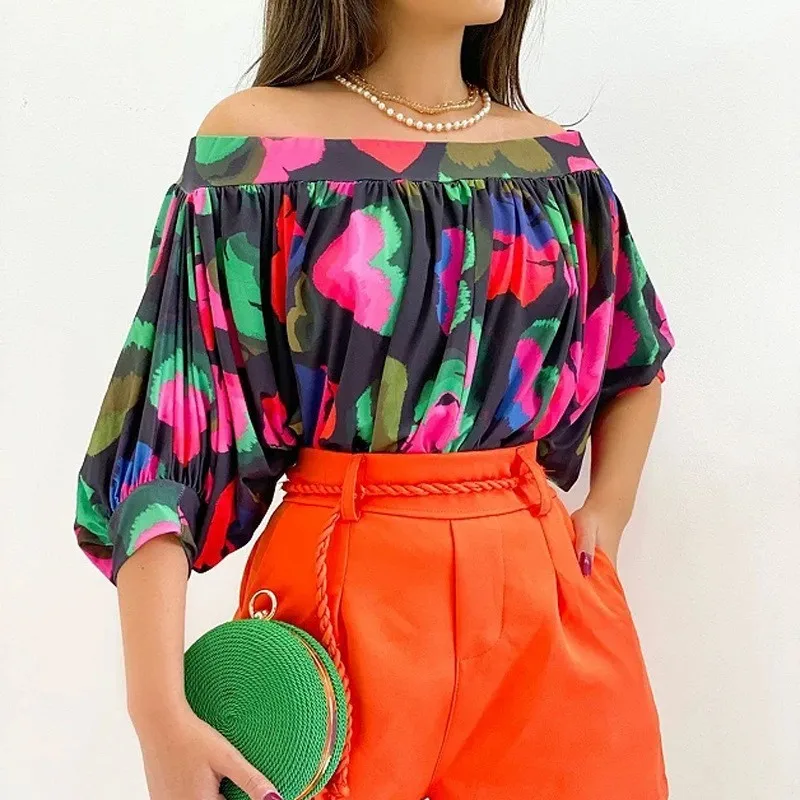 

Women's Shorts Spring Summer Tops 2023 Fashion Clothing Floral Print Ruffle Off Shoulder Short Womens Short Sleeve T Shirts