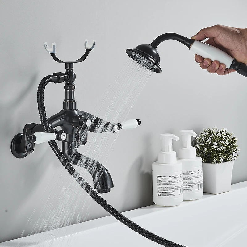 Bathroom Bathtub Faucet Dual Handles Handheld with Hand Shower Bath Shower Mixer Tap Wall Mount Swivel Spout Tub Retro Faucet 3