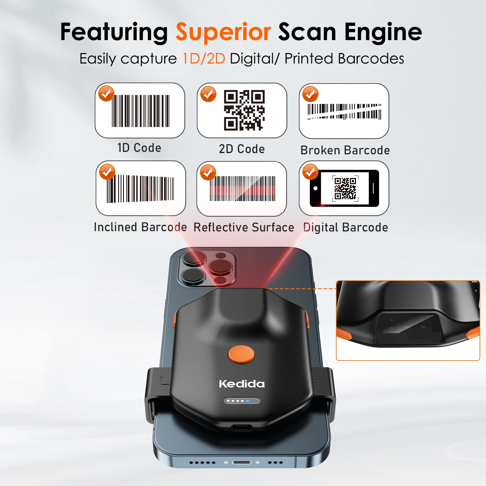 1D Bluetooth Barcode Scanner Kedida Portable Back Clip Wireless Bar Code Scanner Inventory Bar Code Reader Work with Windows