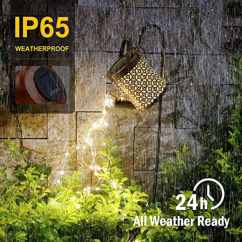 Outdoor Garden LED Solar Powered Hollow Out Can Sprinkles Fairy Lights Waterproof Metal Watering Can Landscape Decor Lights