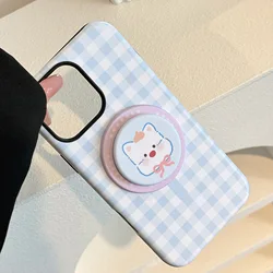 Korean Grid Pattern Cartoon Animals Magnetic Shockproof Phone Case Cover - iPhone 12 Mini (B with holder)