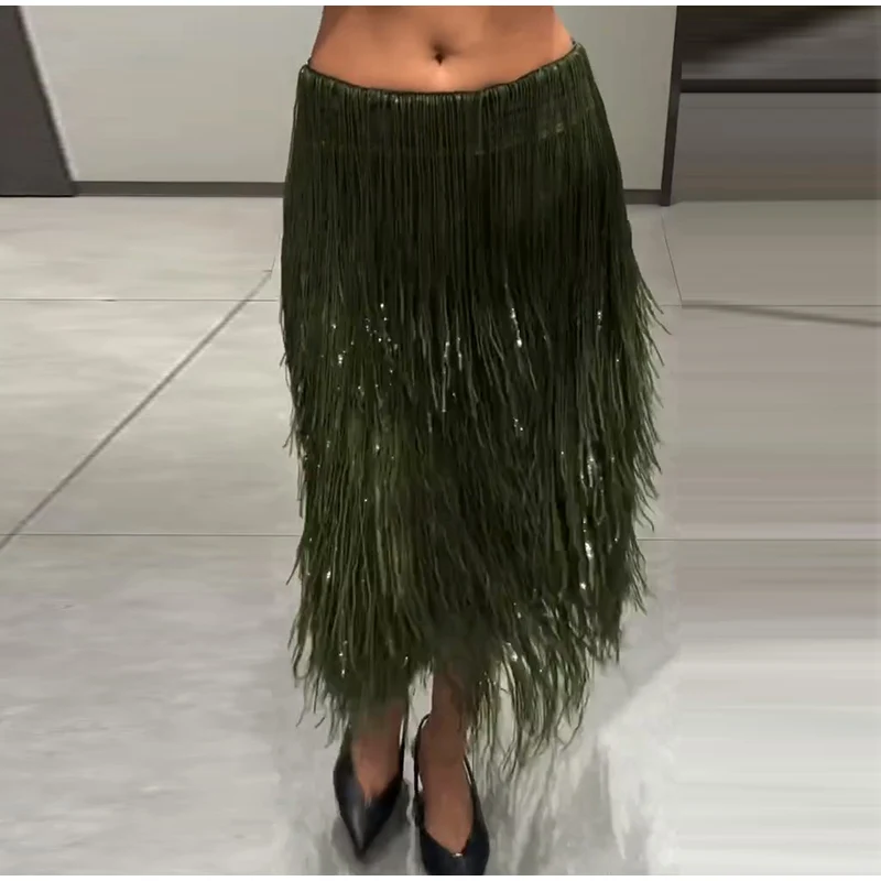 Women's Olive Green Sequin Fringe Midi Skirt Sparkly Tassel Party Skirt for Evening Clubwear 2025 Festival New Sexy Lady Skirts 15 Saeddccc1ebc24b98b78962f6bfe26dae1