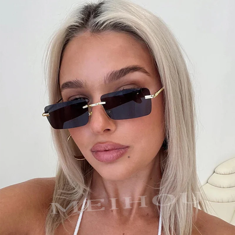 Vintage Rimless Rectangle Sunglasses for Women Trendy Small  display picture 1