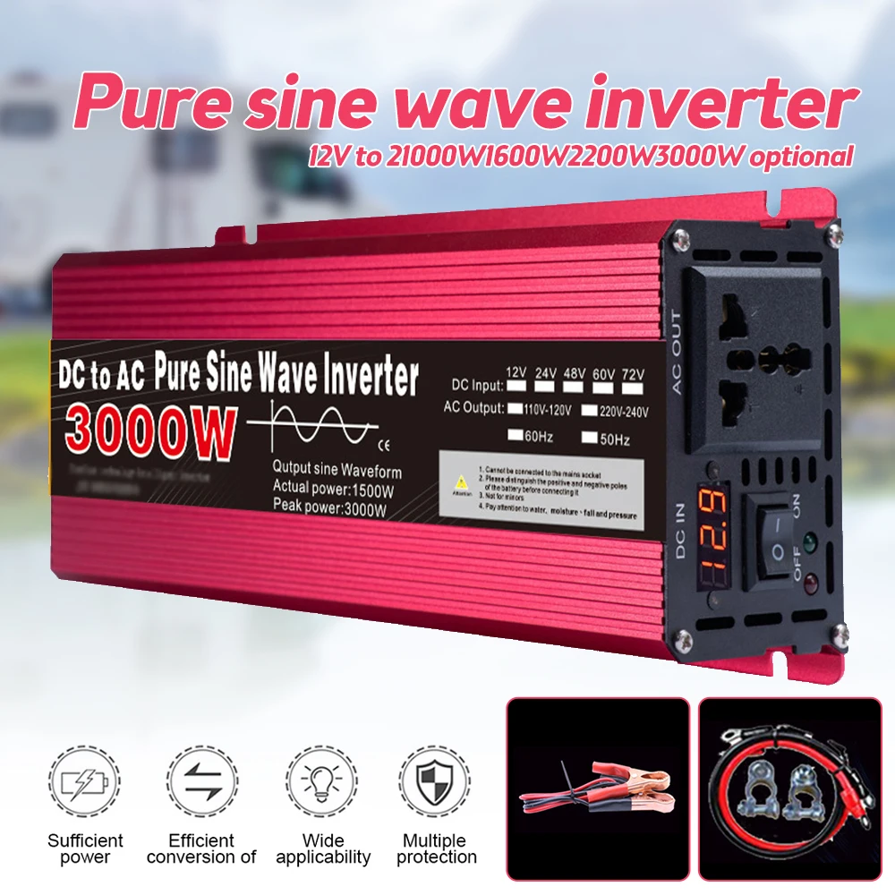 3000W รถอินเวอร์เตอร์พลังงานแสงอาทิตย์ DC 12V to AC 220V Sine Wave Converter รถอินเวอร์เตอร์กลางแจ้งแหล่งจ่ายไฟฉุกเฉิน 1